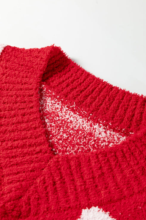 Heart And Flower Checkerboard Plush V Neck Sweater