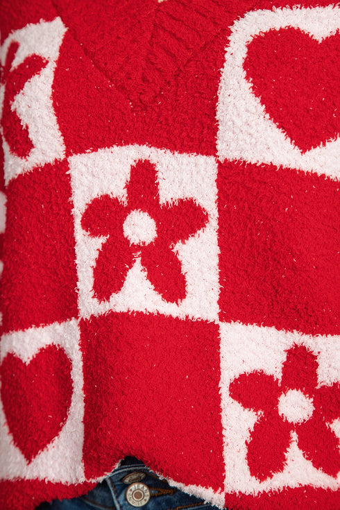 Heart And Flower Checkerboard Plush V Neck Sweater