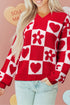 Heart And Flower Checkerboard Plush V Neck Sweater