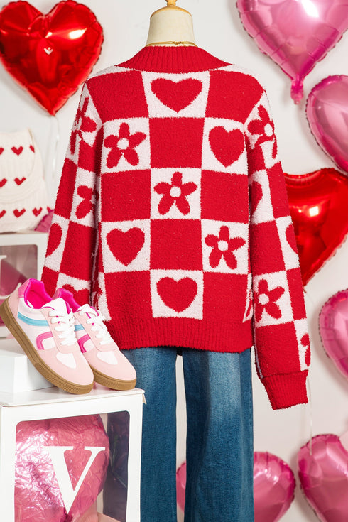 Heart And Flower Checkerboard Plush V Neck Sweater