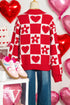 Heart And Flower Checkerboard Plush V Neck Sweater