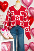Heart And Flower Checkerboard Plush V Neck Sweater