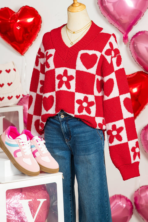 Heart And Flower Checkerboard Plush V Neck Sweater