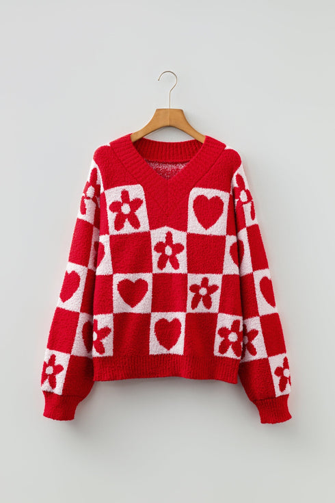 Heart And Flower Checkerboard Plush V Neck Sweater