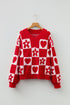 Heart And Flower Checkerboard Plush V Neck Sweater