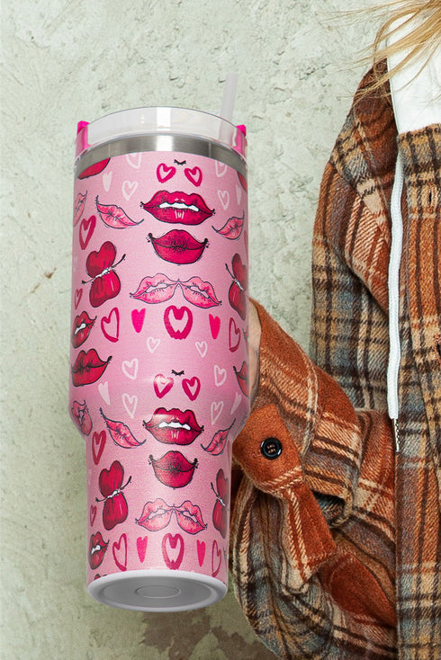 Heart And Kiss Print Large Handle Insulated Travel Tumbler
