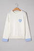 Heart Applique Checkered Cuff Crew Neck Sweater