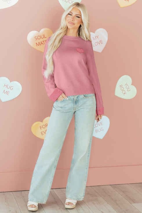 Heart Applique Checkered Cuff Crew Neck Sweater