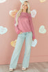 Heart Applique Checkered Cuff Crew Neck Sweater