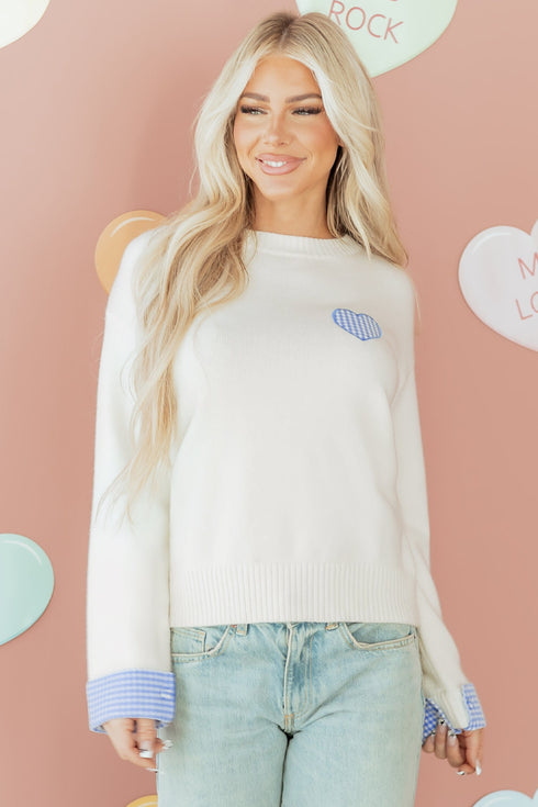 Heart Applique Checkered Cuff Crew Neck Sweater