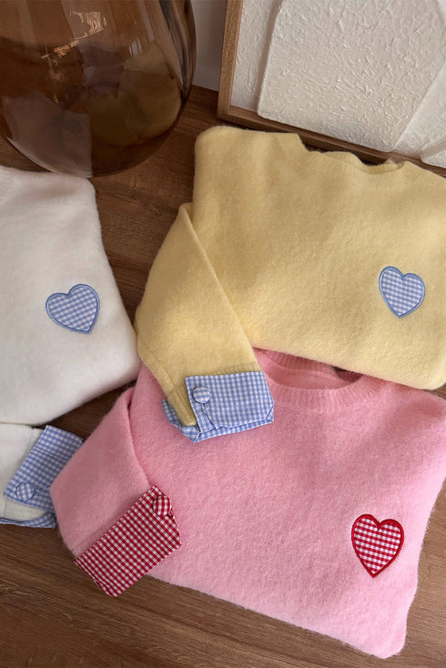 Heart Applique Checkered Cuff Crew Neck Sweater