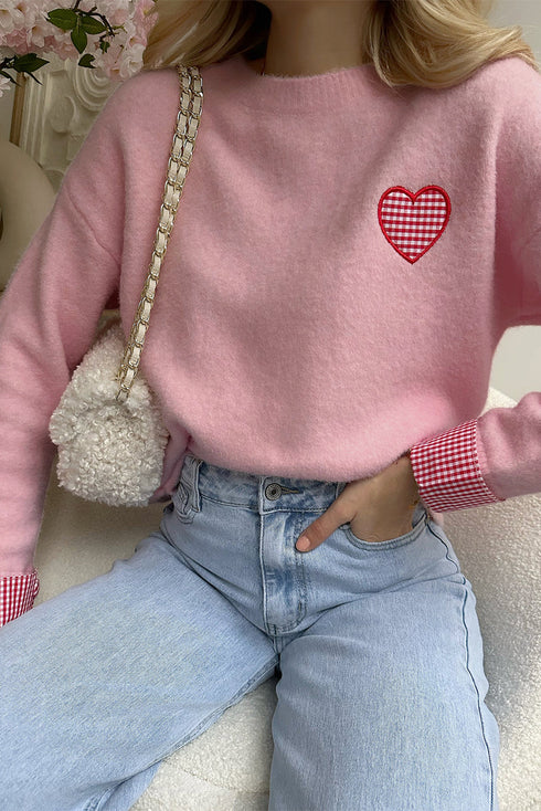 Heart Applique Checkered Cuff Crew Neck Sweater