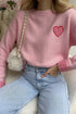Heart Applique Checkered Cuff Crew Neck Sweater