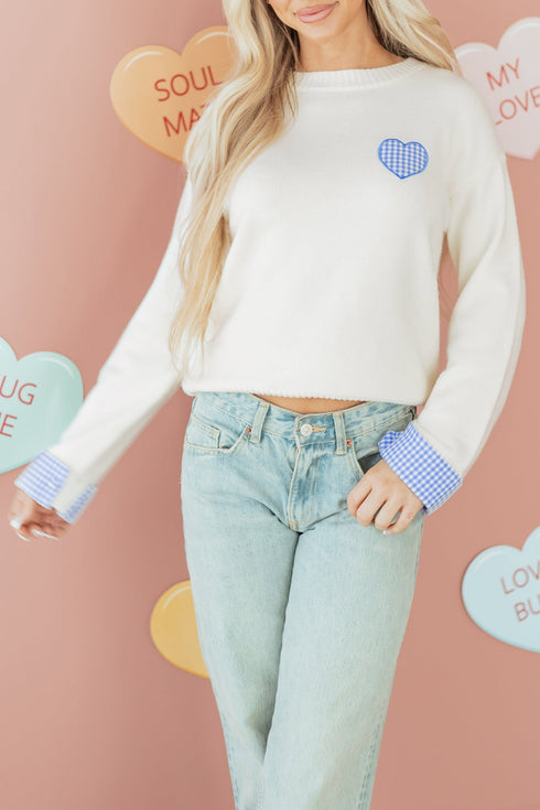 Heart Applique Checkered Cuff Crew Neck Sweater