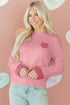 Heart Applique Checkered Cuff Crew Neck Sweater