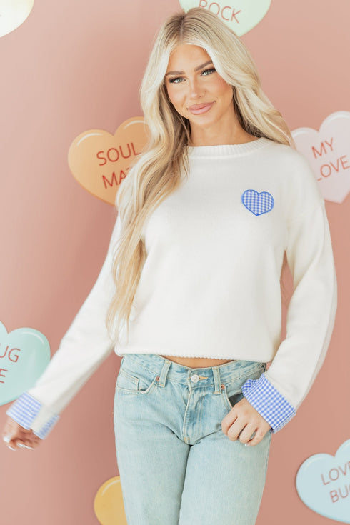 Heart Applique Checkered Cuff Crew Neck Sweater