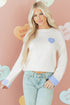 Heart Applique Checkered Cuff Crew Neck Sweater
