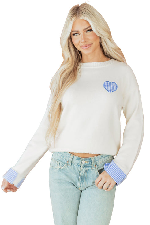 Heart Applique Checkered Cuff Crew Neck Sweater