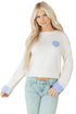 Heart Applique Checkered Cuff Crew Neck Sweater