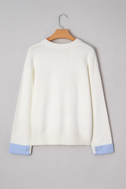 Heart Applique Checkered Cuff Crew Neck Sweater
