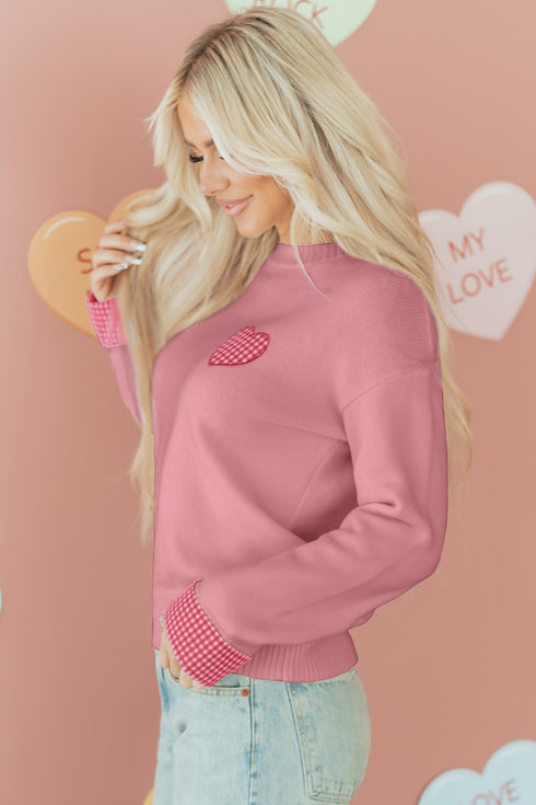 Heart Applique Checkered Cuff Crew Neck Sweater