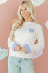 Heart Applique Checkered Cuff Crew Neck Sweater