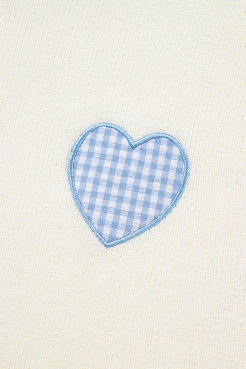 Heart Applique Checkered Cuff Crew Neck Sweater
