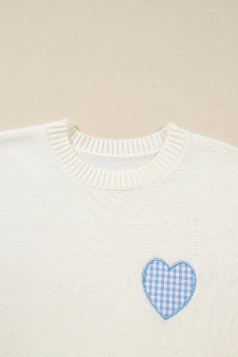 Heart Applique Checkered Cuff Crew Neck Sweater