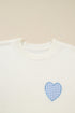 Heart Applique Checkered Cuff Crew Neck Sweater