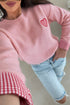 Heart Applique Checkered Cuff Crew Neck Sweater