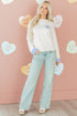 Heart Applique Checkered Cuff Crew Neck Sweater