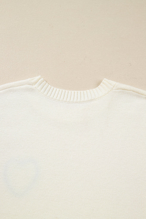 Heart Applique Checkered Cuff Crew Neck Sweater