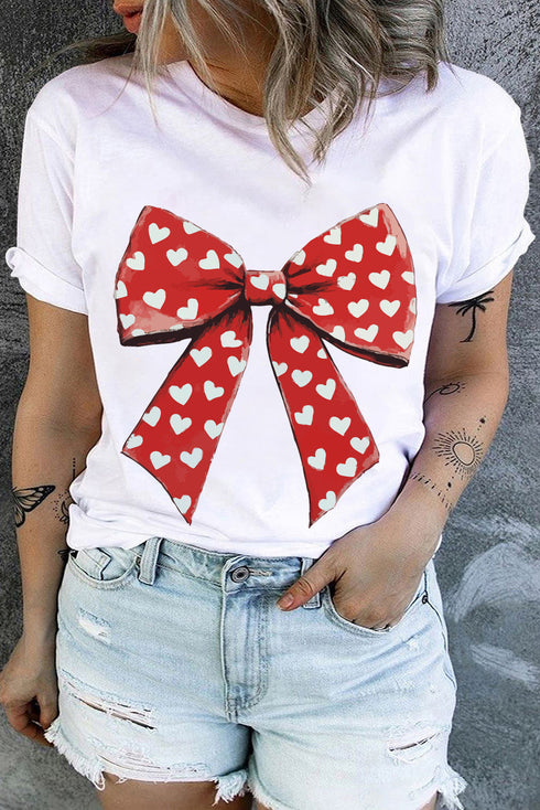 Heart Bow Graphic Crew Neck Plus Size Valentines T Shirt