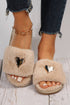 Heart Buckle Decor Open Toe Plush Fleece Slippers