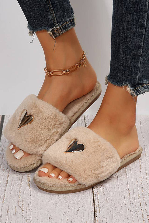 Heart Buckle Decor Open Toe Plush Fleece Slippers