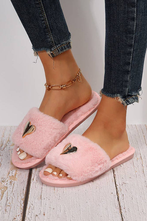 Heart Buckle Decor Open Toe Plush Fleece Slippers