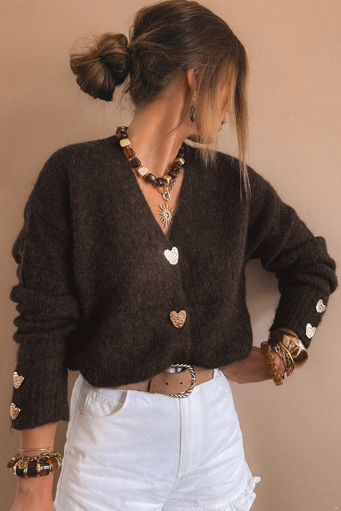 Heart Button V Neck Rib Trim Knit Cardigan