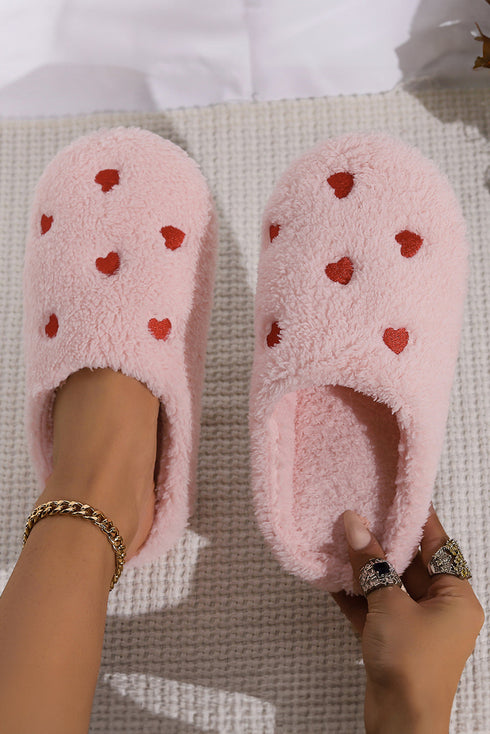 Heart Embroidered Plush Fleece Slip On House Slippers