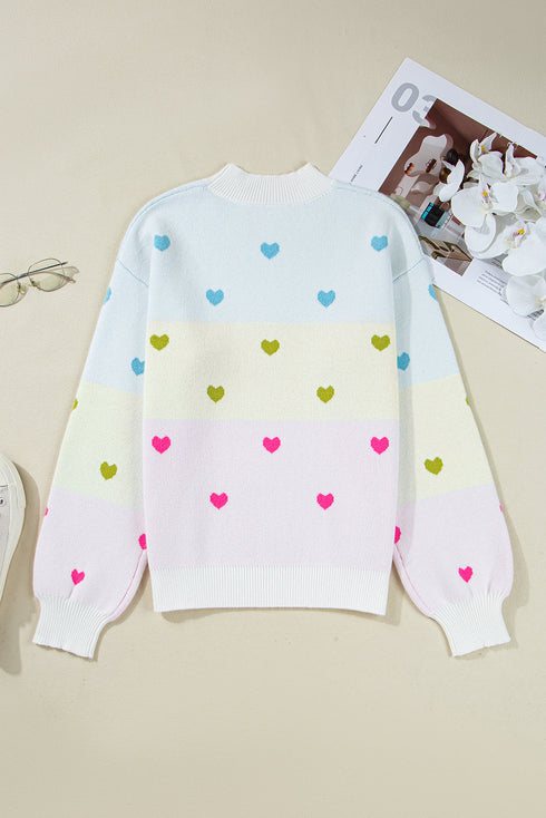 Heart Intarsia Color Block Mock Neck Drop Shoulder Balloon Sleeve Sweater