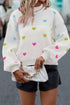 Heart Intarsia Color Block Mock Neck Drop Shoulder Balloon Sleeve Sweater