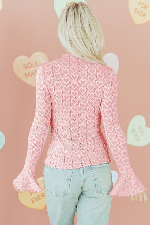 Heart Jacquard Mock Neck Flare Sleeve Fitted Top
