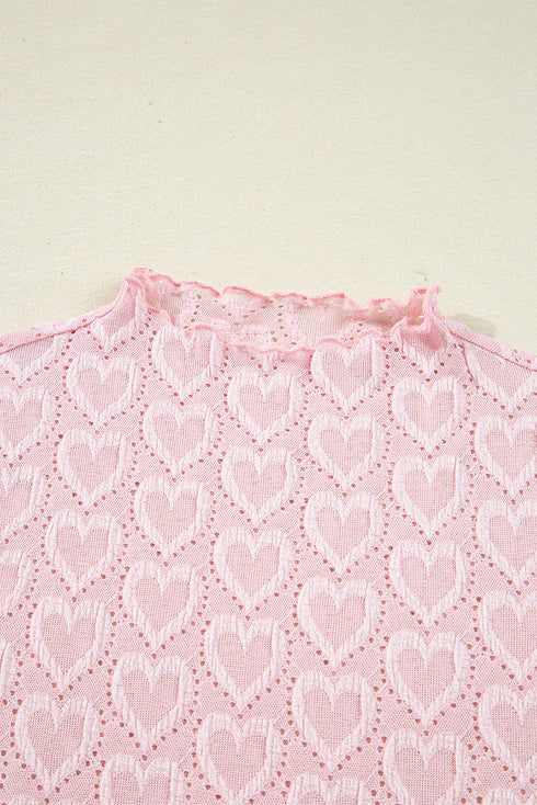 Heart Jacquard Mock Neck Flare Sleeve Fitted Top