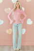 Heart Jacquard Mock Neck Flare Sleeve Fitted Top