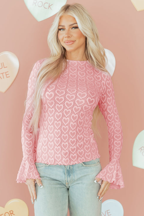 Heart Jacquard Mock Neck Flare Sleeve Fitted Top