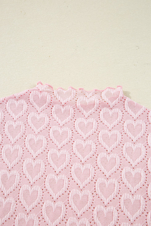 Heart Jacquard Mock Neck Flare Sleeve Fitted Top