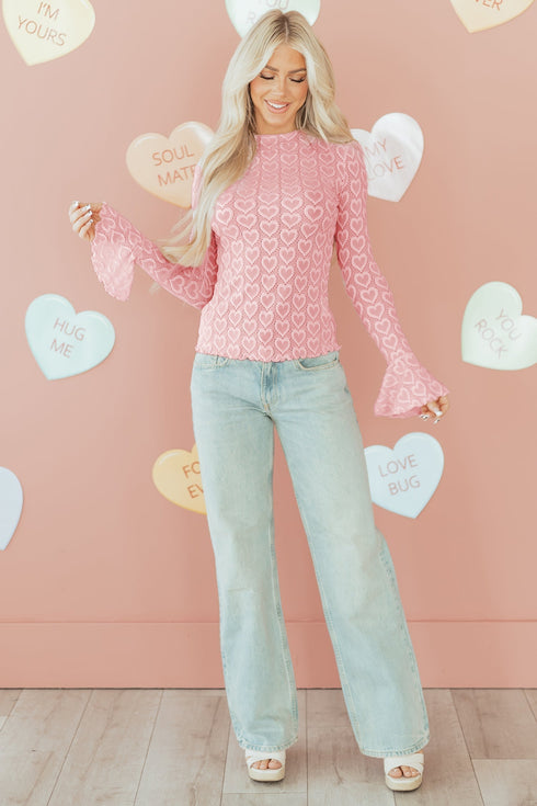 Heart Jacquard Mock Neck Flare Sleeve Fitted Top