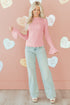 Heart Jacquard Mock Neck Flare Sleeve Fitted Top