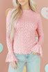 Heart Jacquard Mock Neck Flare Sleeve Fitted Top