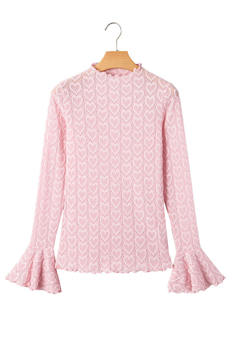 Heart Jacquard Mock Neck Flare Sleeve Fitted Top