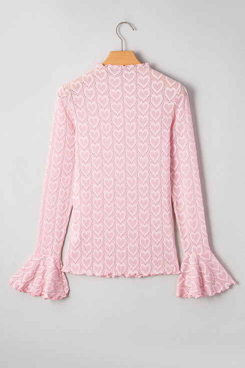Heart Jacquard Mock Neck Flare Sleeve Fitted Top